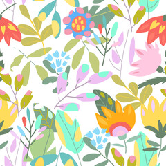 Vector Seamless Pattern with Colorful Exotic Flowers and Leaves