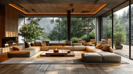 Fototapeta premium Open living area with comfortable sofas and a fireplace in a modern wooden home.