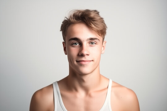 Portrait of a handsome young man with blond hair on gray background