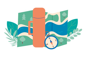 the concept of ecotourism, expedition, journey and camp. Vector illustration.