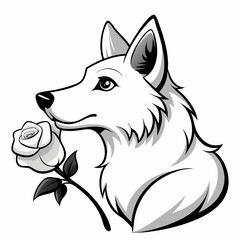 German shepherd smells a white rose flower  vector