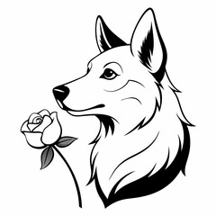 German shepherd smells a white rose flower  vector