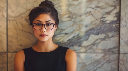 A woman wearing glasses and a black dress stands against a marble background, exuding confidence and sophistication in a modern, sleek setting.