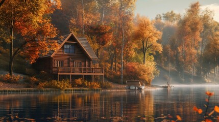 Fototapeta premium Cozy wooden cottage by the lake in the fall woods. Cozy autumn season concept 