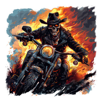 Thrilling Skull Motorcycle Rider Illustration, Fiery Motorcycle Adventure, Better For T-shirt Design