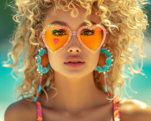 Fototapeta premium A woman wearing orange heart-shaped sunglasses with blue earrings, accented by her curly hair and a beautiful beach backdrop. Her colorful outfit creates a playful vibe.