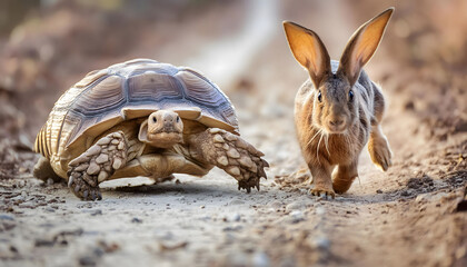 Tortoise Chases Hare on Dusty Path During Sunny Day