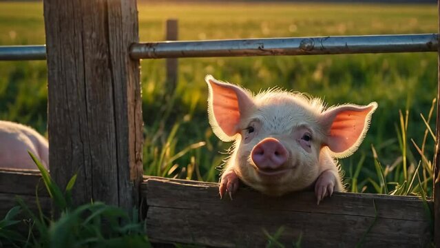 Cute pig on a farm in summer
