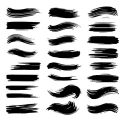 set of horizontal black brush strokes irregularly isolated on white background