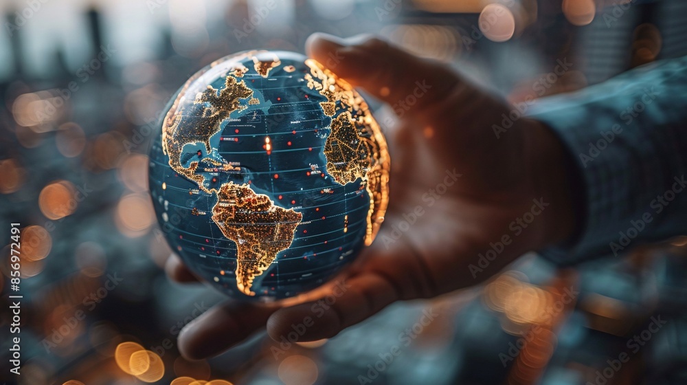 Aufkleber hand holding digital globe with illuminated network connections representing global communication an