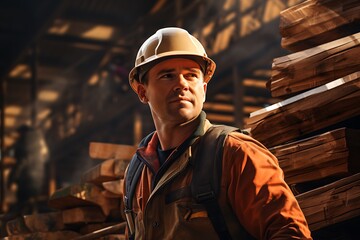 Portrait of a male worker in a warehouse. Industrial background.