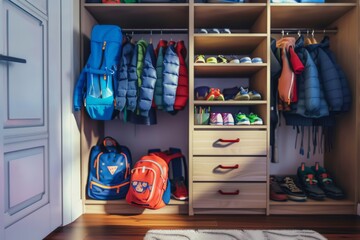 Wardrobe and backpack of kids in preschool building Wardrobe, shoes and backpack of kids in preschool building, no people
