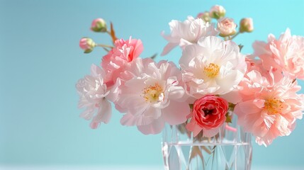 Elegant pink and white flowers arranged in a crystal vase against a blue background, capturing sophistication and charm with their delicate blossoms and pristine colors.