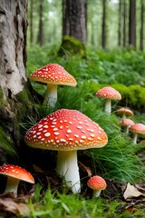red mushrooms in forest 