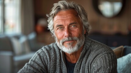 An elderly man with a white beard, wearing a grey sweater, gazes calmly into the camera in a serene indoor setting, evoking a sense of wisdom and contentment.