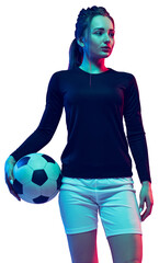 Portrait of beautiful young girl, athlete in uniform, posing with soccer ball isolated on transparent background with neon light. Concept of sport, competition, tournament, game, active hobby