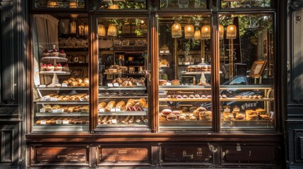 Charming French patisserie with a vintage storefront, glass display case, and artisanal pastries, bathed in soft morning light