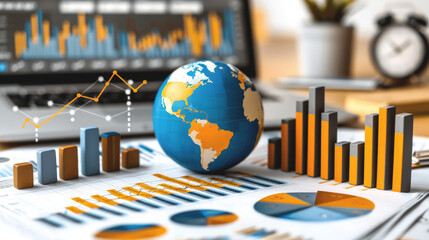 A globe sits on top of a table with a bunch of graphs and charts.