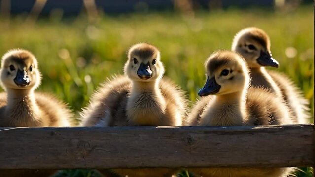 Cute goslings on a farm in summer