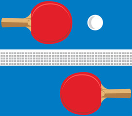 Vector illustration, flat design of ping pong rackets and ball with an abstract ping pong table in the background