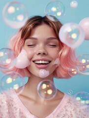 A euphoric woman with short pink hair, eyes closed, and bubbles on her face, smiling against a light blue background, radiating joy and playfulness.
