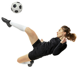 Dynamic image of competitive soccer player, young girl in black uniform hitting ball in motion and falling down isolated on transparent background. Concept of sport, competition, tournament, game