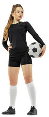 Full-length portrait of young girl in black sportswear, soccer player posing with ball isolated on...