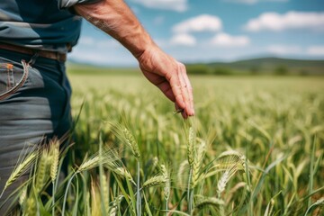 One senior farmer standing in the wheat field One senior farmer standing in the wheat field on sunny spring day. Close up of human hand touching wheat plant
