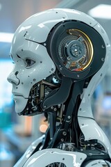 Fototapeta premium Futuristic Humanoid Robot with Exposed Mechanical Components in a High-Tech Laboratory Setting