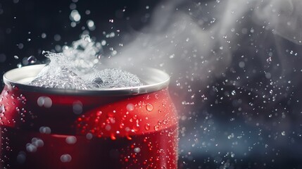 can of soda being opened, with the fizzing sound and mist captured