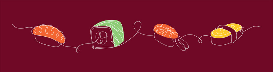 Sushi and roll panorama set drawing in linear style with color on red background.
