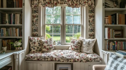 Quaint cozy reading nook featuring builtin bookshelves, a window seat, and floral upholstery, creating a warm and inviting atmosphere