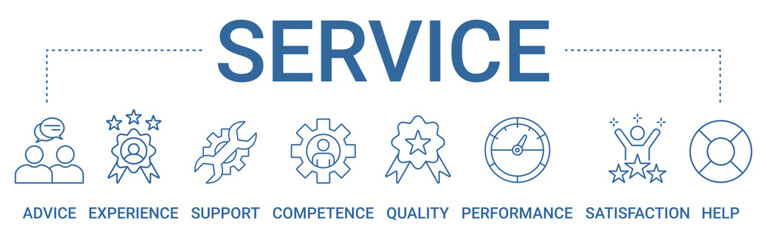 Service concept banner icon contain of advice, experience, support, competence, quality, performance, satisfaction, and help vector illustration