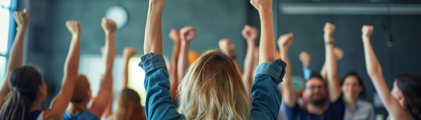 Group of People Celebrating with Raised Fists in a Modern Office Setting, Teamwork and Success Concept