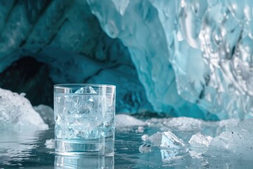 glass of water and ice with frosty background