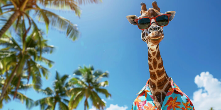 A giraffe wearing sunglasses and a Hawaiian shirt posing for the camera on an exotic beach with palm trees