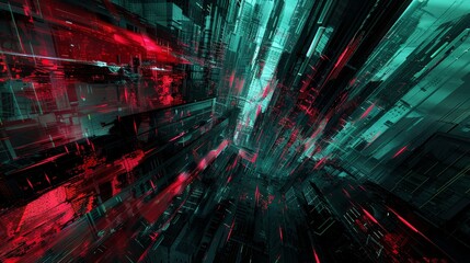 Fototapeta premium Abstract digital matrix with dynamic red and teal lines and shapes, creating a sense of depth and movement in a futuristic, high-tech design. 