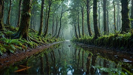 Fototapeta premium Misty Forest Path with Reflections.
