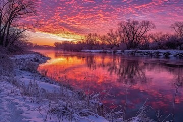 Fototapeta premium Stunning Winter Sunset Over Snow-Covered River with Vibrant Sky and Reflections