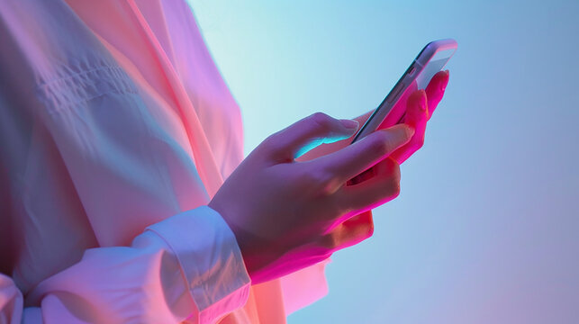 Woman's hand operating smartphone, woman operating smartphone in natural light, generative AI	