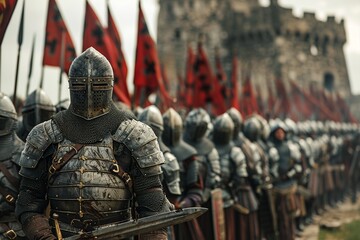 Step back in time with this professional depiction of the Spanish army during the Middle Ages, featuring brave soldiers adorned in traditional armor and wielding authentic weapons