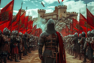 Step back in time with this professional depiction of the Spanish army during the Middle Ages, featuring brave soldiers adorned in traditional armor and wielding authentic weapons