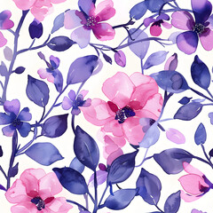 Seamless floral pattern with pink and purple watercolor flowers and leaves on a white background, perfect for fabric and wallpaper.