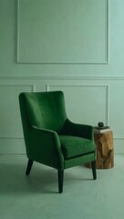 green velvet armchair, white background, minimalist photography style raw