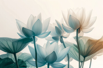 A serene image of white lotus flowers in full bloom, showcasing their delicate beauty and tranquil essence against a light background.