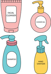 Set of shampoo, facial cleanser, shower gel, hand sanitizer illustration