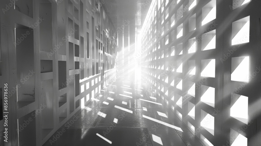 Poster a mazelike structure with geometric outs allowing light to filter through.