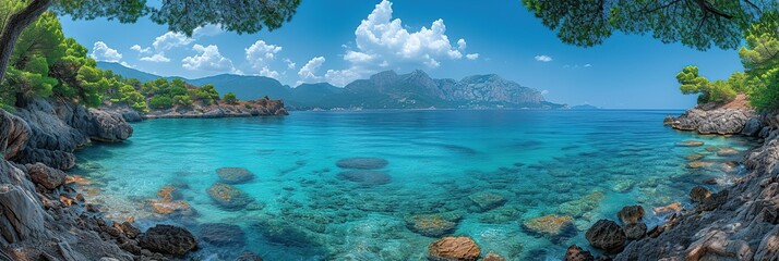 Seascape, sea and mountains, sunny, calm day in the sea valley, marine tourism, marine wallpapers, banner