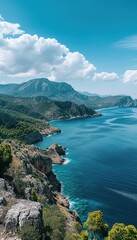 Seascape, sea and mountains, sunny, calm day in the sea valley, marine tourism, marine wallpapers, banner