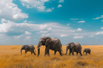 Fototapeta premium A family of African elephants walks through tall grass under a clear blue sky. Generative AI